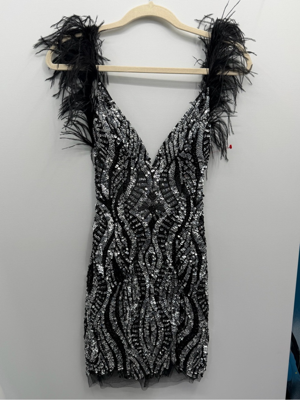 Jovani Sequin Beaded Mini Dress with Black Feather Straps - Picture 13 of 13